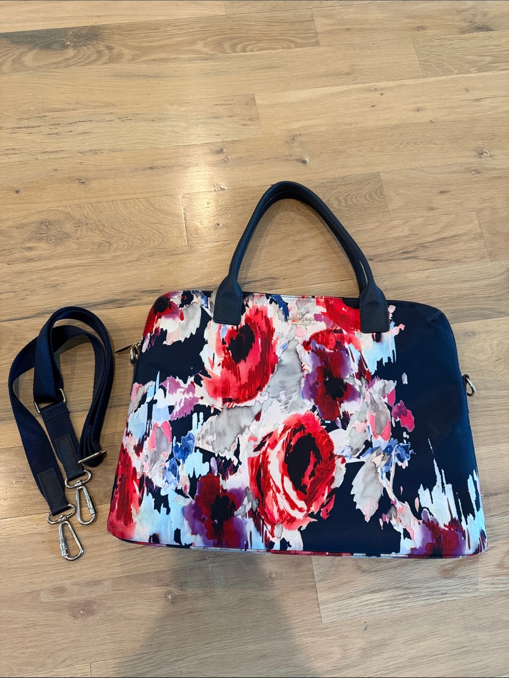 kate spade Navy Floral Nylon Laptop Tote with Red Accents